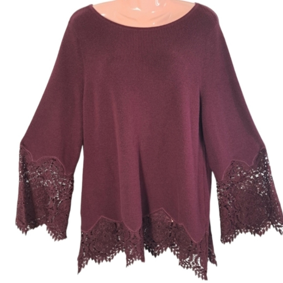 Chico's Women's Long Sleeve Burgundy Blouse/Sweater Ribbed Lace Size 2P … - Picture 14 of 16